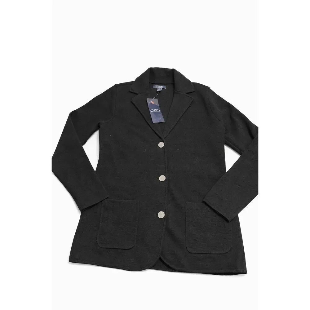 NWT Chaps Sweater Blazer Black 3 button Single Breasted Silver Buttons Women’s M
